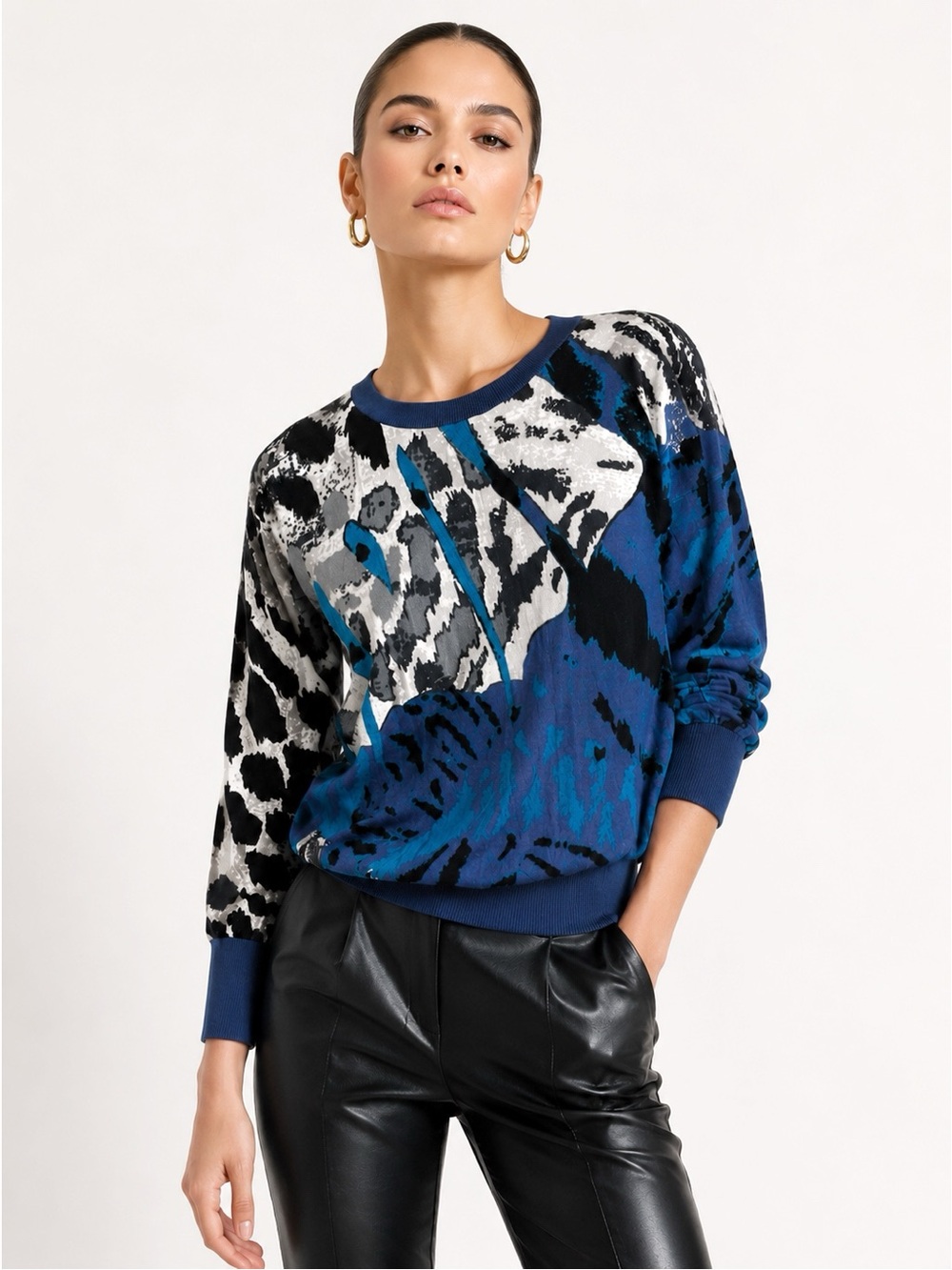 Moschino Cheap And Chic Woman Blue Abstract Pullover Crew Knit Sweater MEDIUM